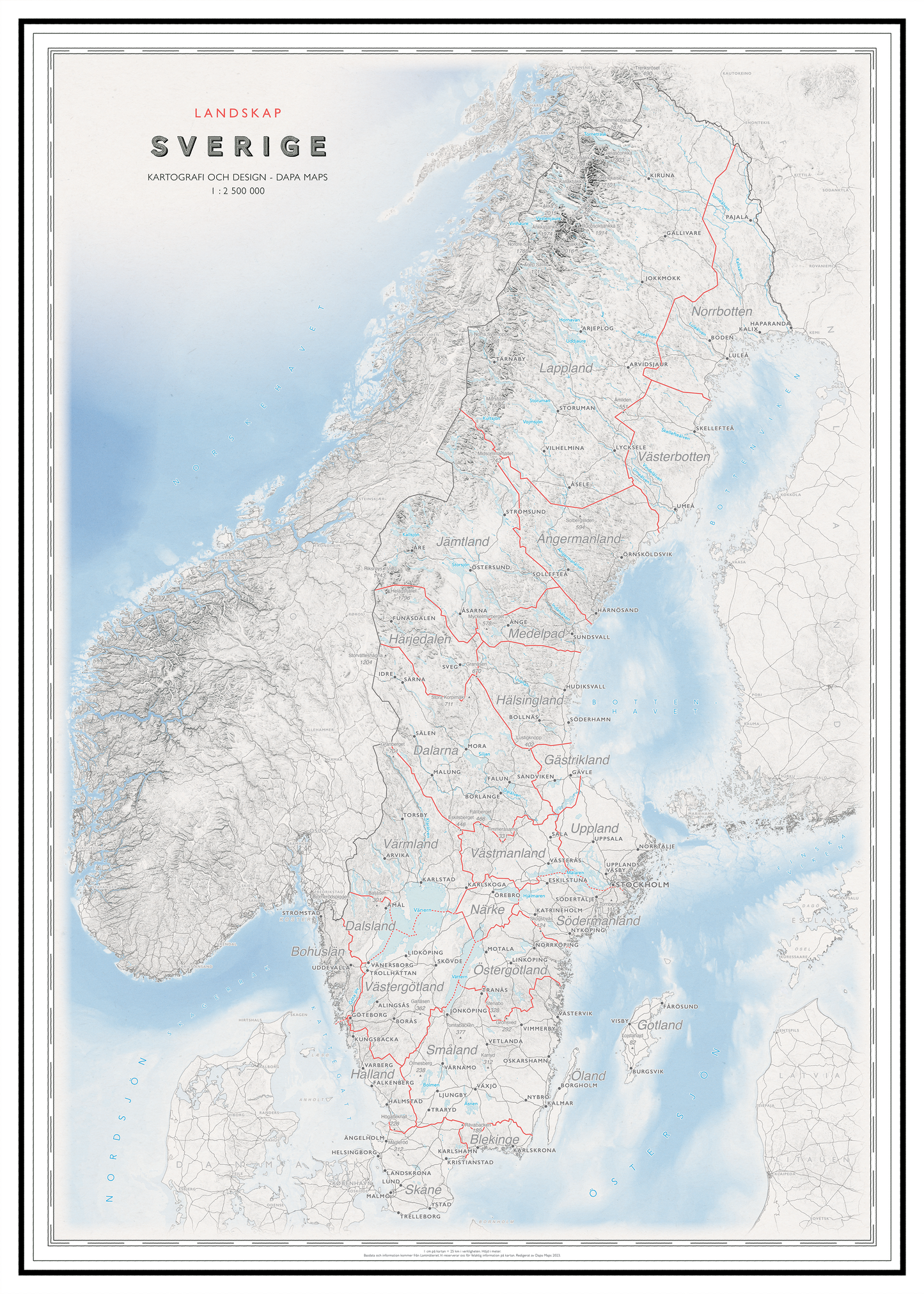 Kart over Sverige med landskap