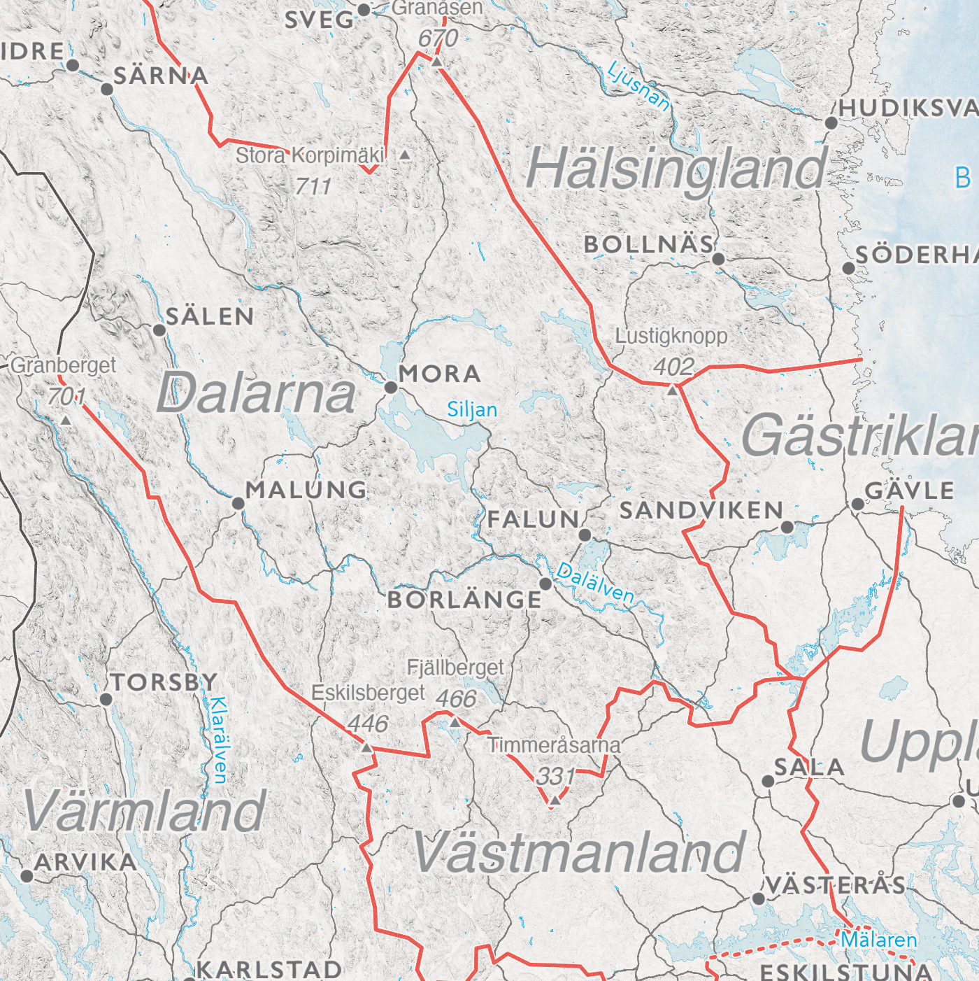 Kart over Sverige med landskap