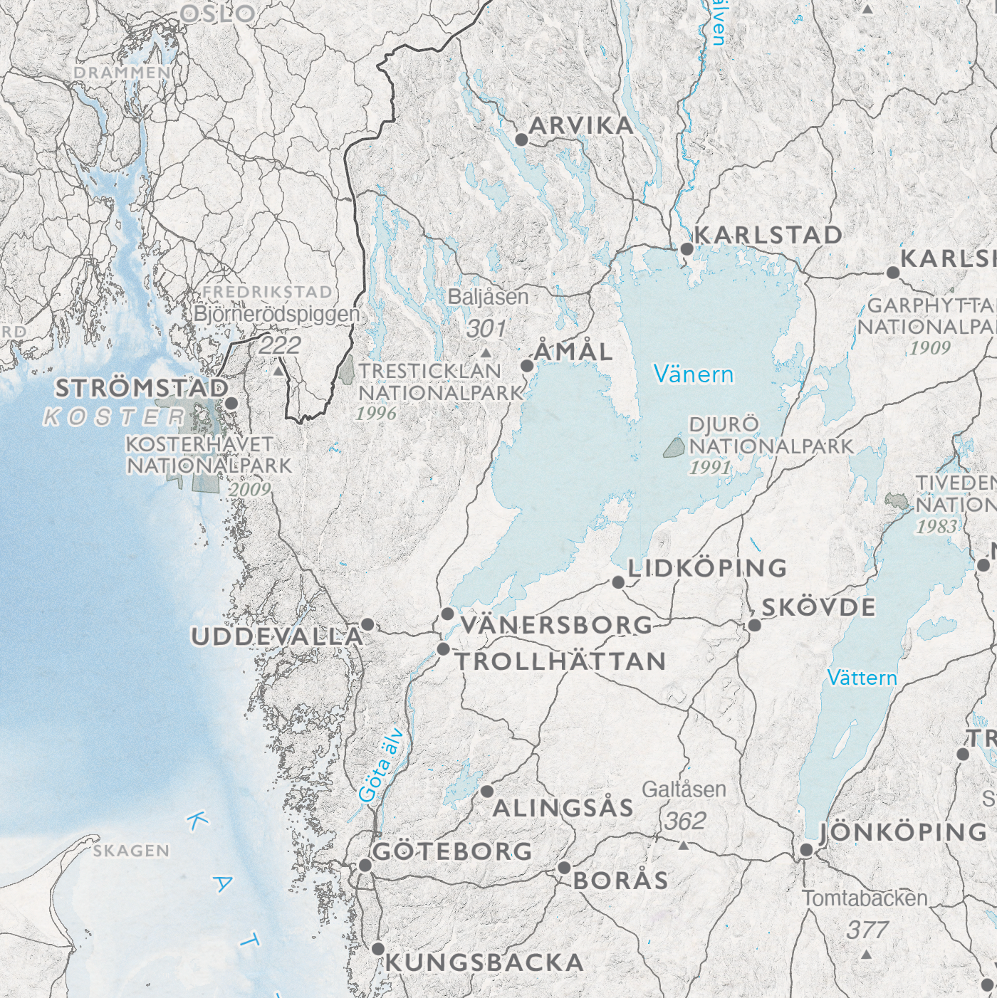 Kart over Sverige med nasjonalparker