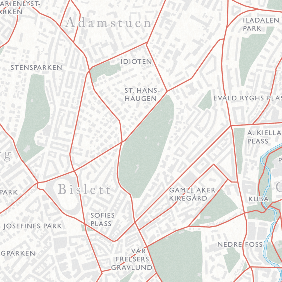 Sykkelkart Adamstuen, Bislett, Iladalen, Nedre foss