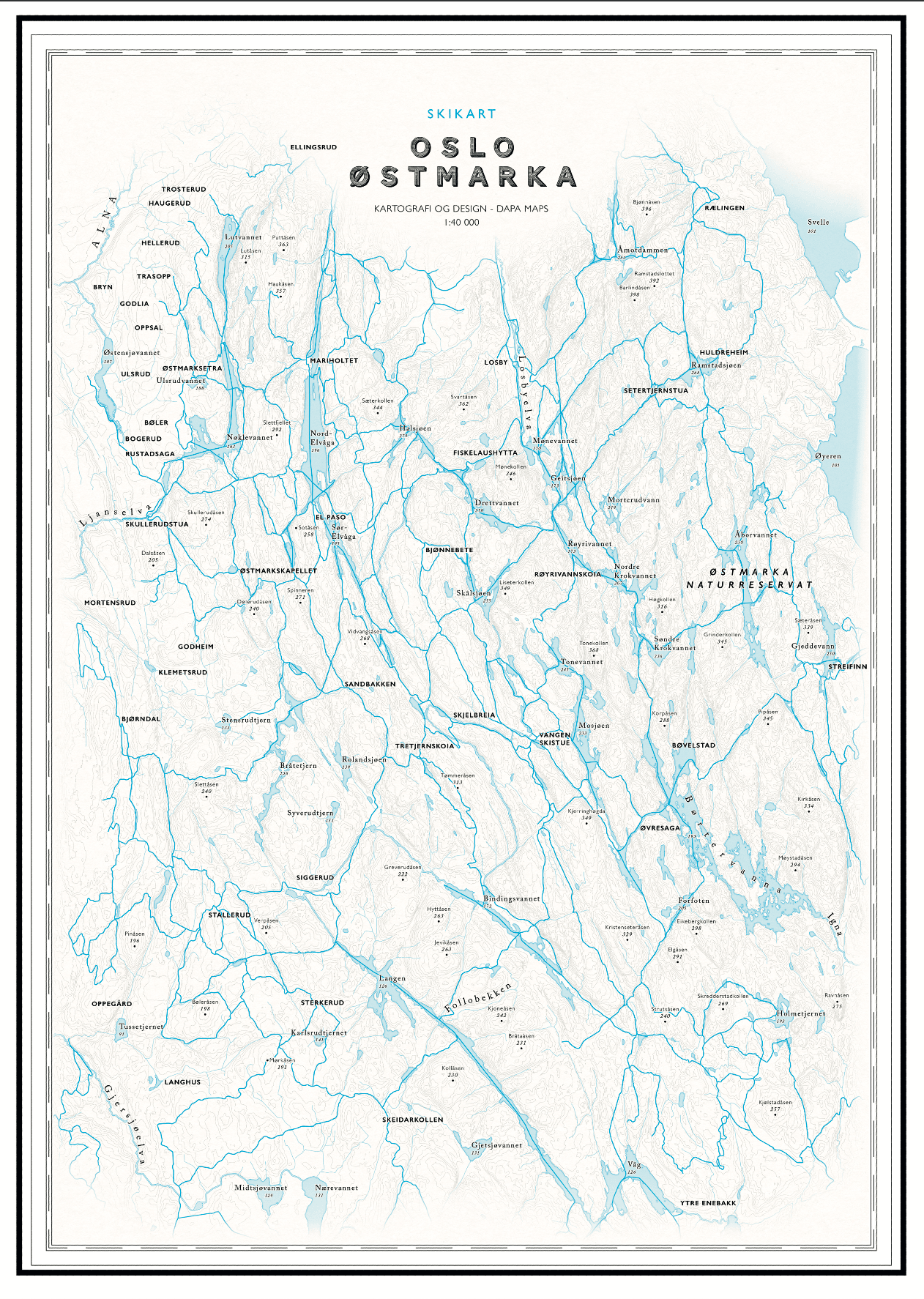Skikart over Østmarka med løyper