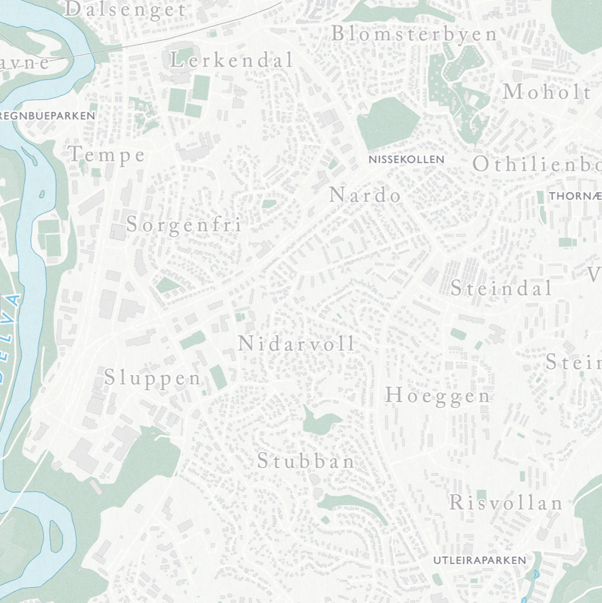 Bydelskart over Trondheim som viser Sorgenfri, Nidarvoll og Blosterbyen.
