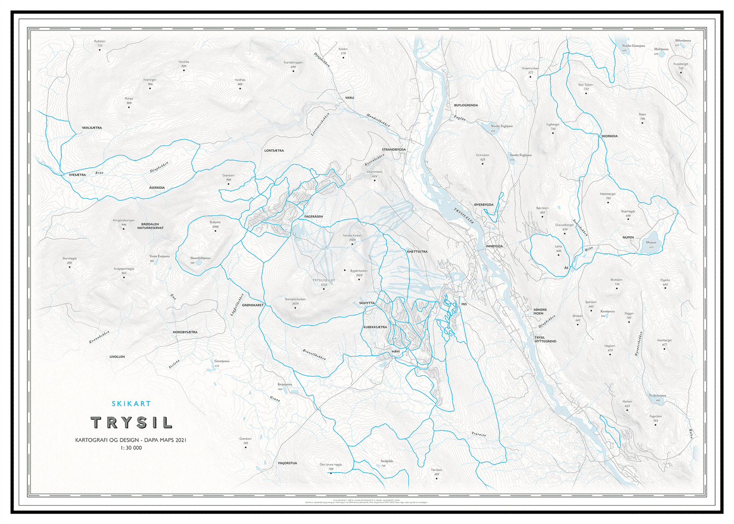 Skikart Trysil som viser skispor