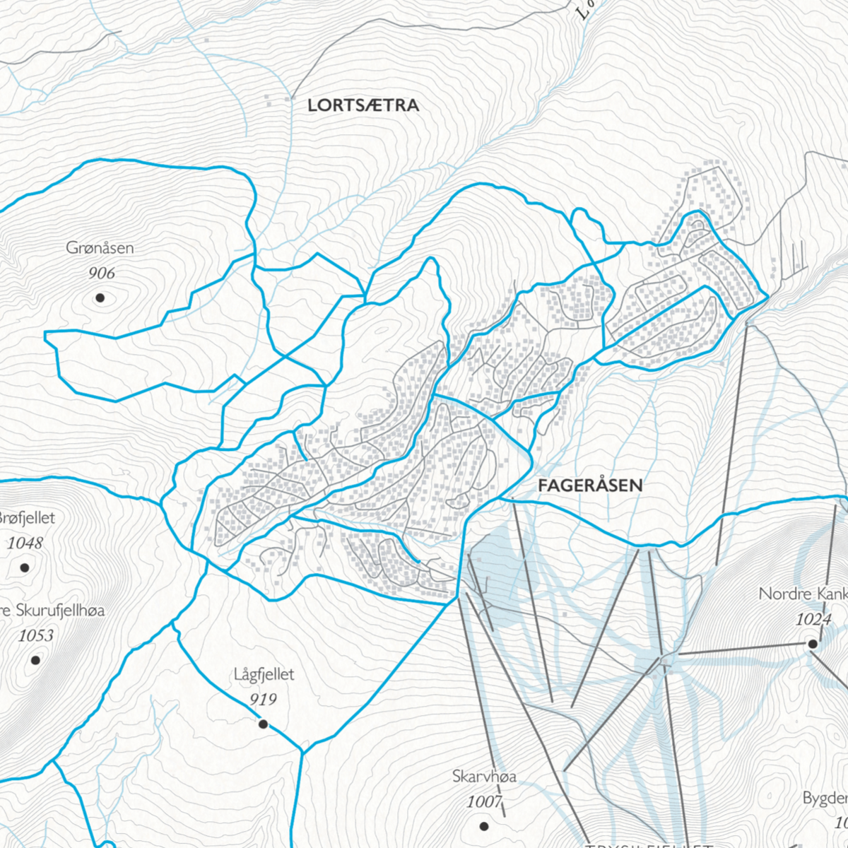 Skikart som viser Fageråsen, Lortsætra, Grønåsen og Lågfjellet