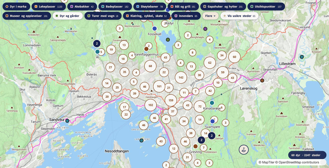 Barnekart Oslo med kategoriknapper for lekeplasser, akebakker, badeplasser og mer over kartet
