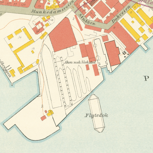 Nærbilde av historisk kart over Aker Brygge i Kristiania fra 1921