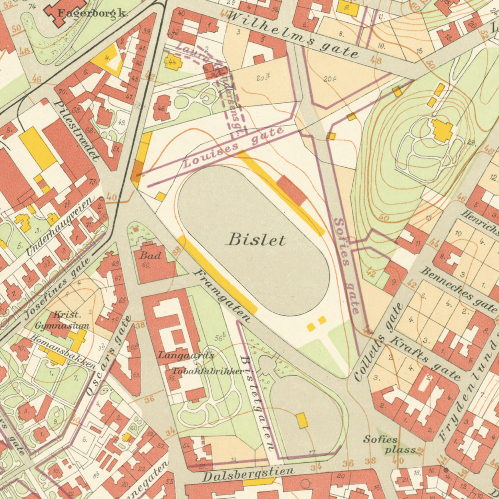 Nærbilde av historisk kart over Bislett i Kristiania fra 1921