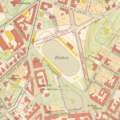 Nærbilde av historisk kart over Bislett i Kristiania fra 1921