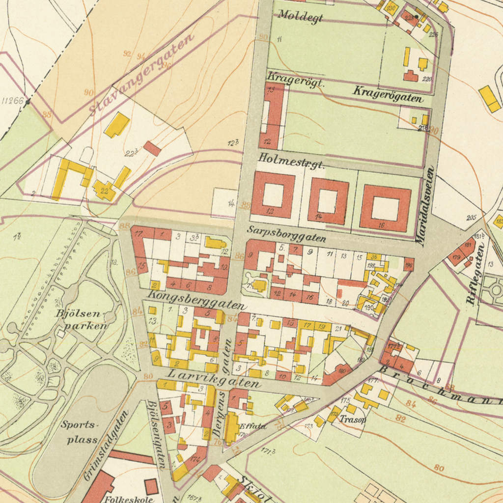 Nærbilde av historisk kart over Bjølsen og Sagene i Kristiania fra 1921