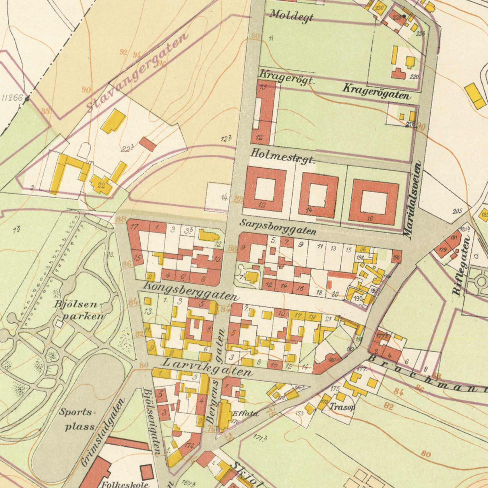 Nærbilde av historisk kart over Bjølsen og Sagene i Kristiania fra 1921