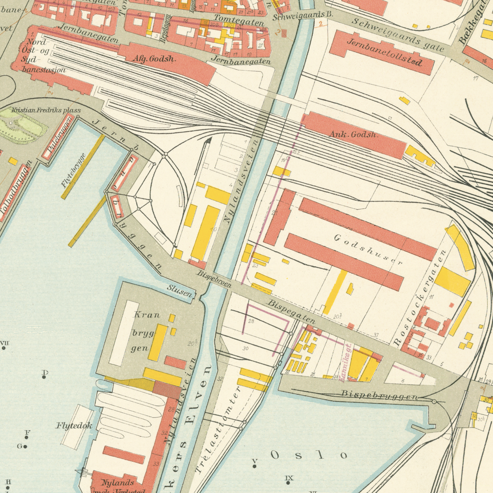 Nærbilde av historisk kart over Bjørvika i Kristiania fra 1921