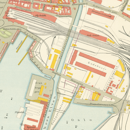 Nærbilde av historisk kart over Bjørvika i Kristiania fra 1921