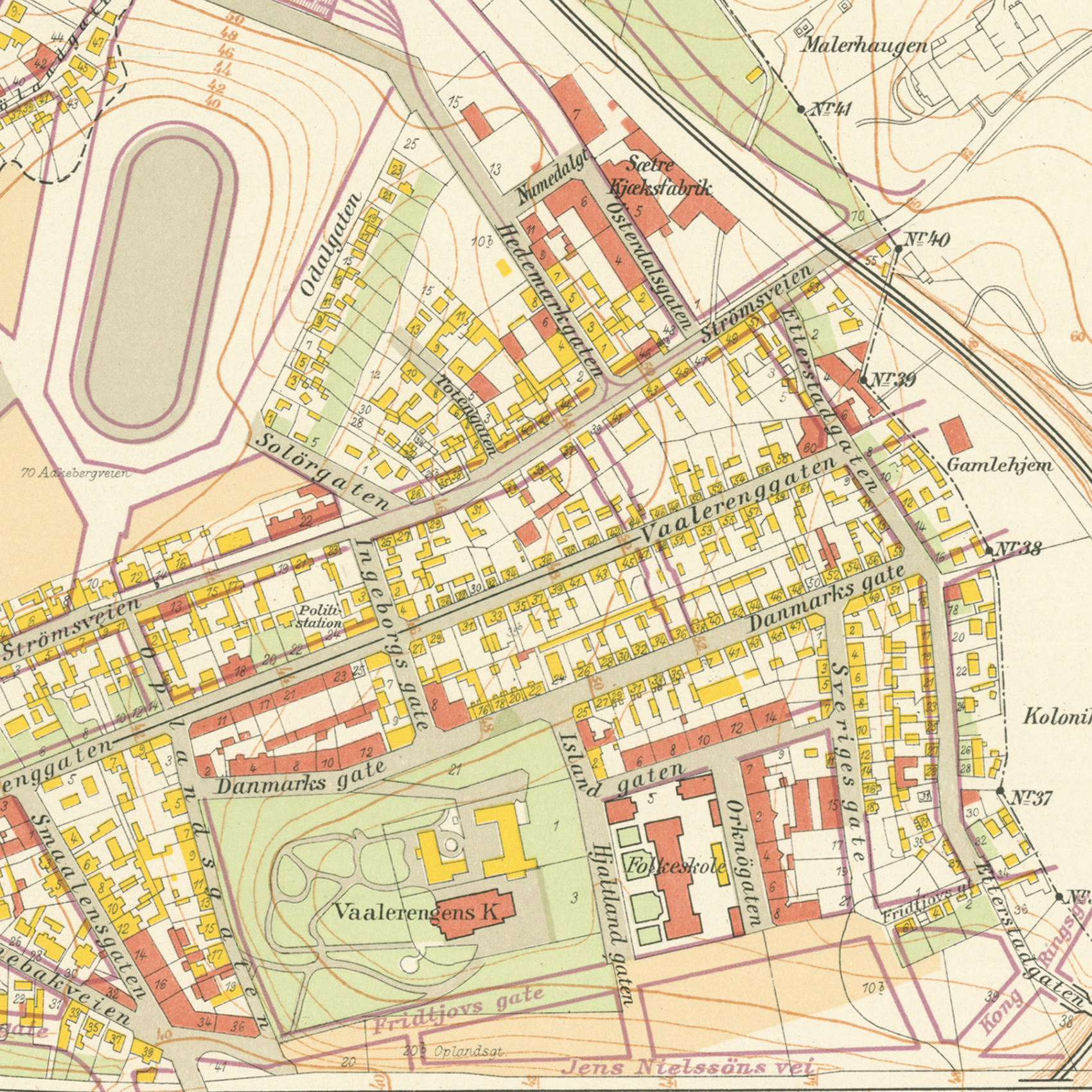 Nærbilde av historisk kart over Gamlebyen i Kristiania fra 1921