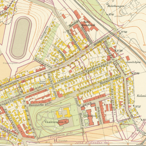 Nærbilde av historisk kart over Gamlebyen i Kristiania fra 1921