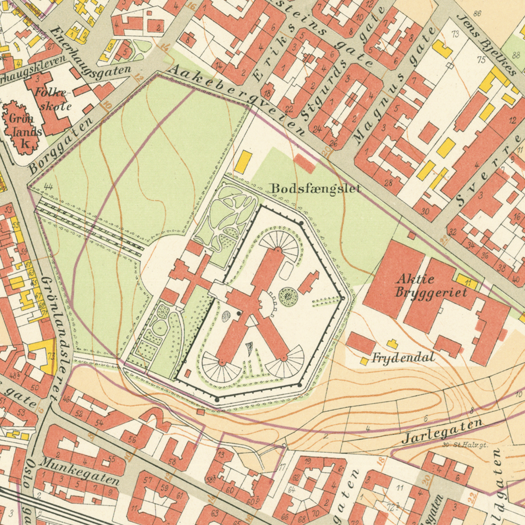Nærbilde av historisk kart over Grønland i Kristiania fra 1921