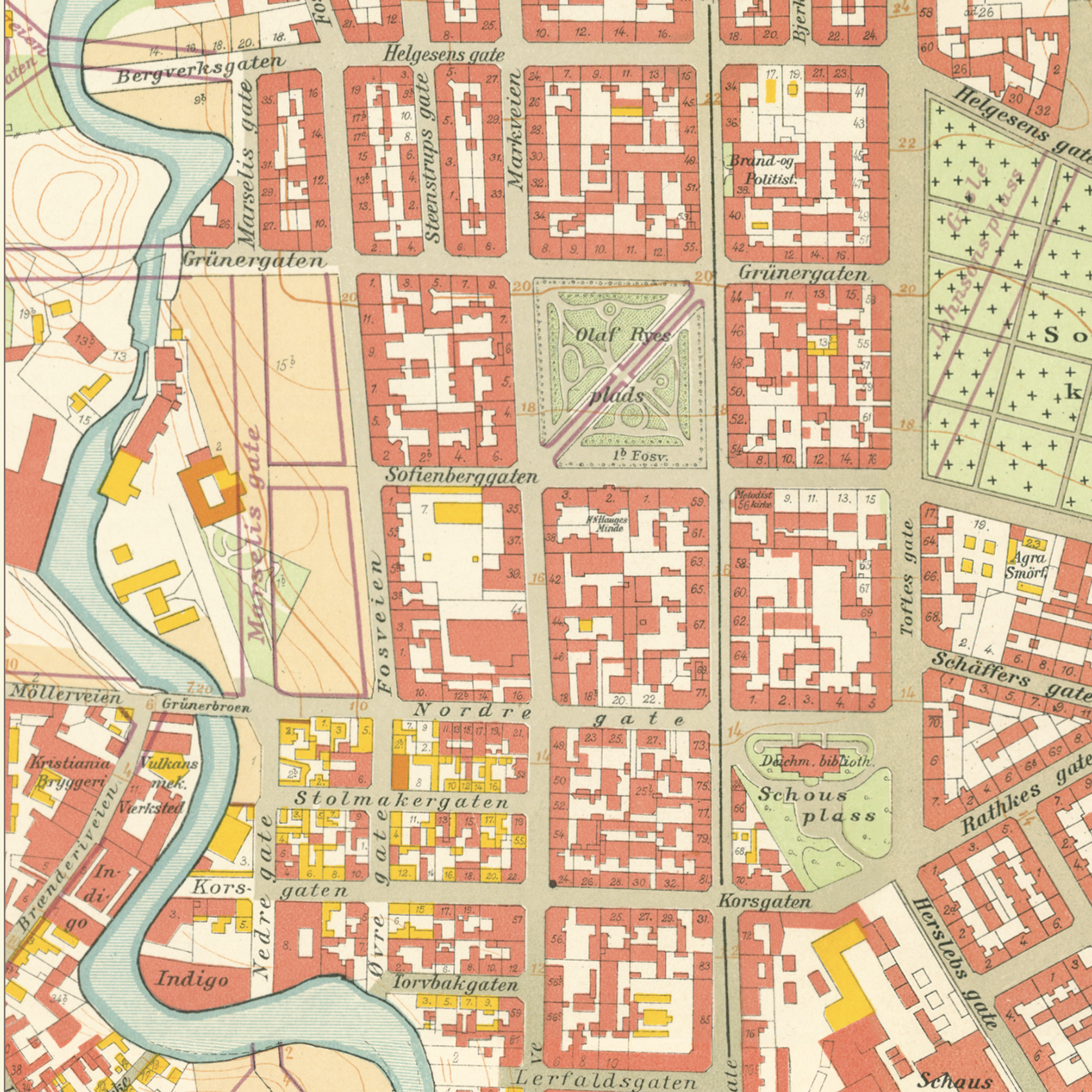 Nærbilde av historisk kart over Grünerløkka i Kristiania fra 1921