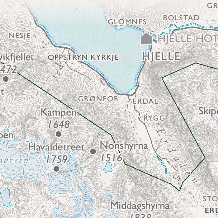 Turkart Jostedalsbreen - Hjelle, Oppstryn kyrkje, Glomnes, Nonshyrna, Kampen