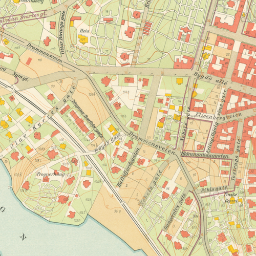 Nærbilde av historisk kart over Frogner i Kristiania fra 1921