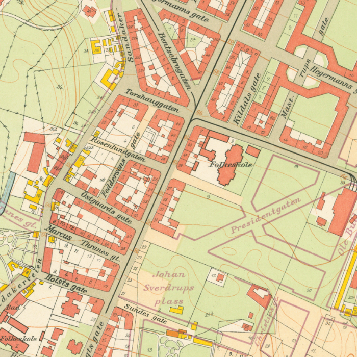 Nærbilde av historisk kart over Torshov i Kristiania fra 1921