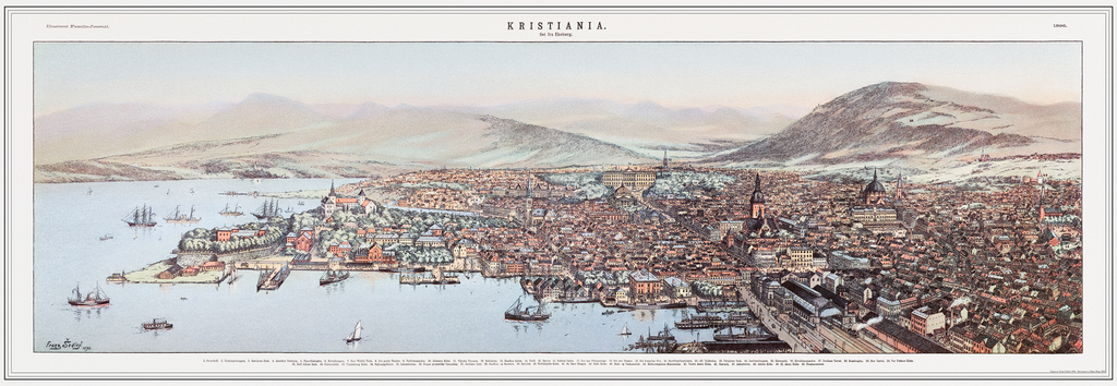 Kristiania i fugleperspektiv 1895 (Franz Šedivý) i original størrelse (120x38 cm)