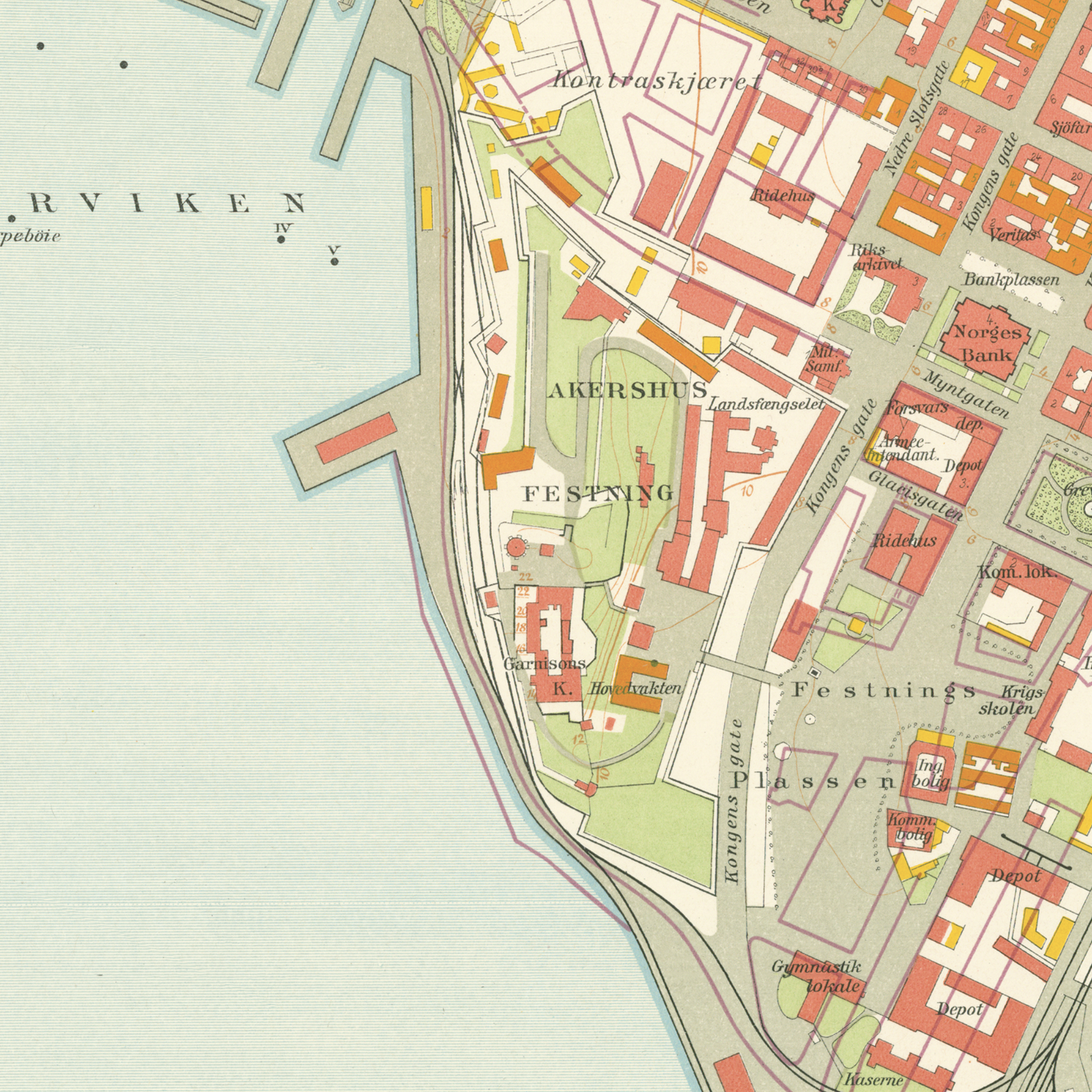 Nærbilde av historisk kart over Kvadraturen i Kristiania fra 1921