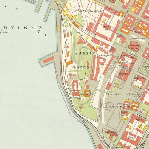 Nærbilde av historisk kart over Kvadraturen i Kristiania fra 1921