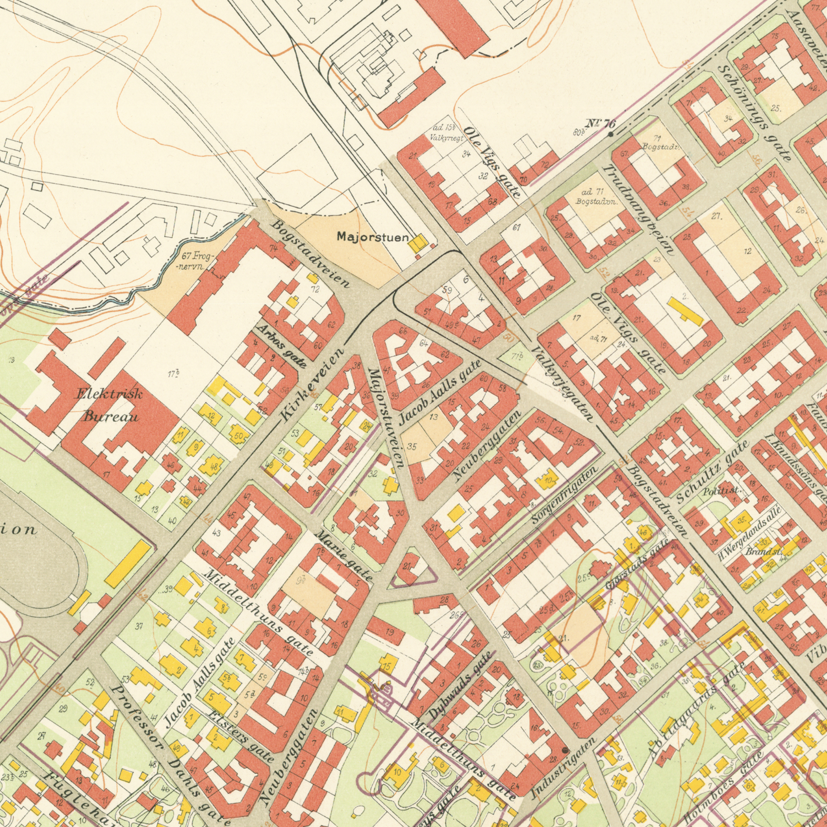 Nærbilde av historisk kart over Majorstuen i Kristiania fra 1921