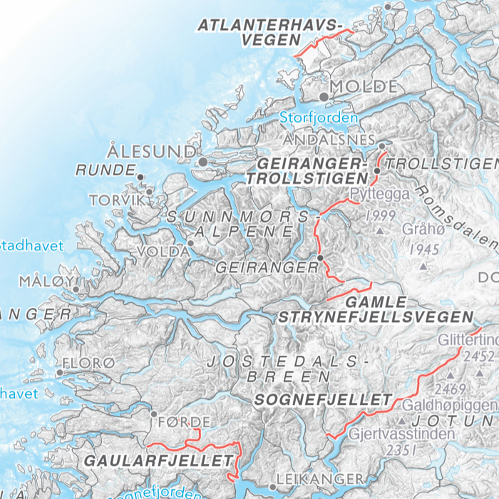 Norgeskart med nasjonale turistveger