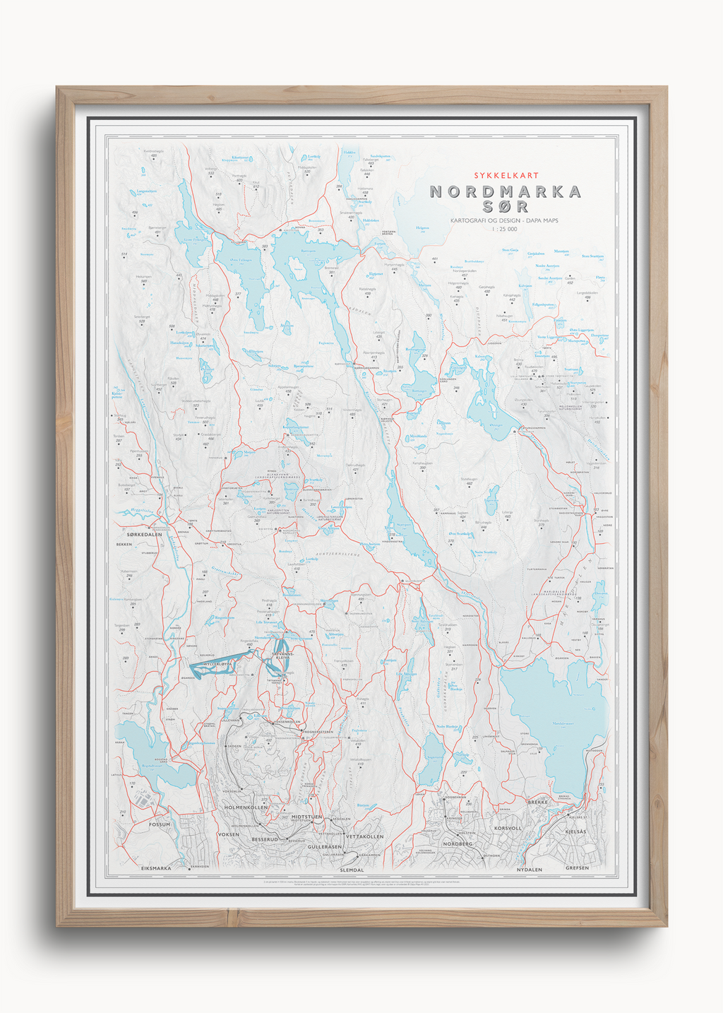 Sykkelkart Oslo Nordmarka Sør innrammet – veggkart for syklister i Nordmarka