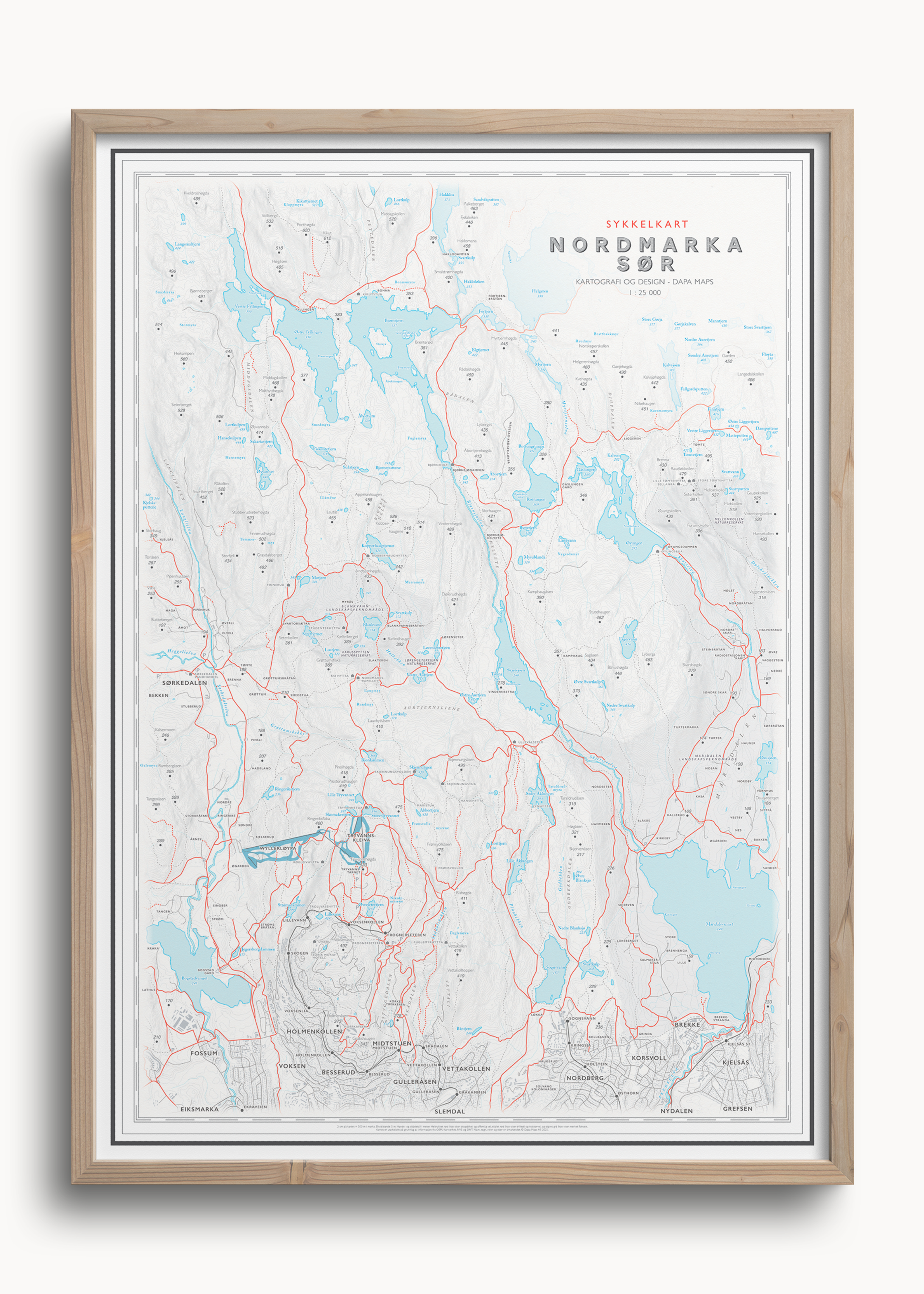 Sykkelkart Oslo Nordmarka Sør innrammet – veggkart for syklister i Nordmarka