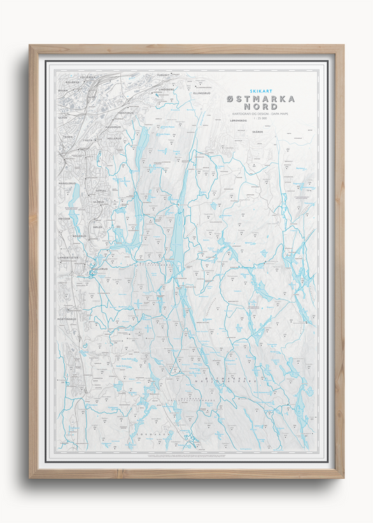 Skikart Oslo Østmarka Nord innrammet – veggkart over skiløyper i Østmarka