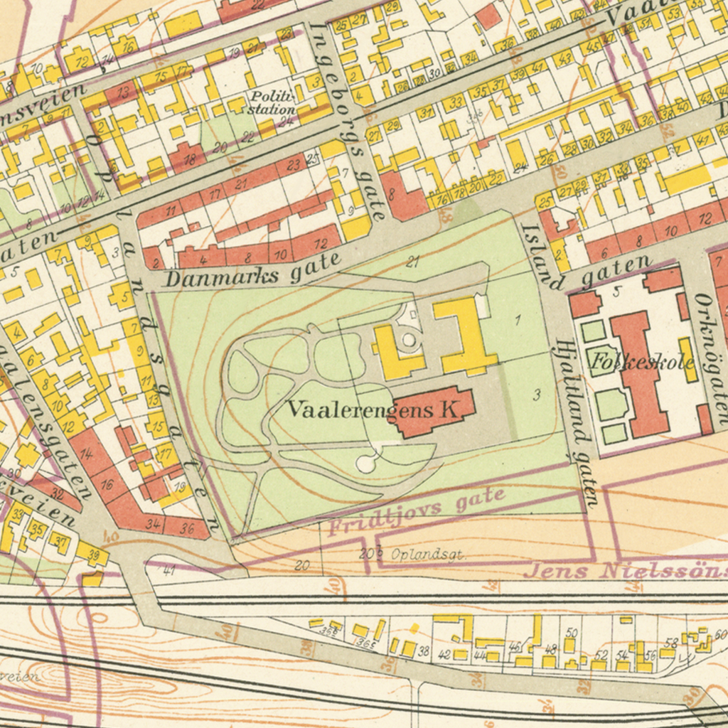 Nærbilde av historisk kart over Vålerenga i Kristiania fra 1921