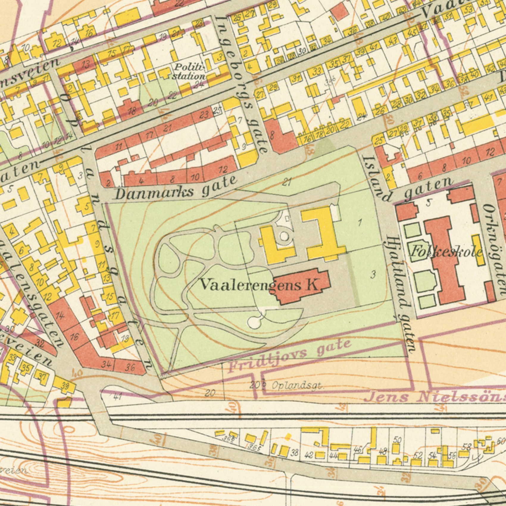Nærbilde av historisk kart over Vålerenga i Kristiania fra 1921