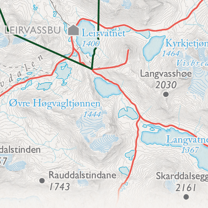 Breheimen - Leirvassbu, Skarddalseggje, Langvatnet, Rauddalsvatnet, Visbrean