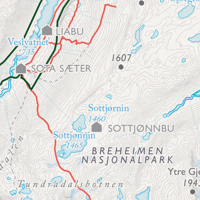Breheimen - Liabu, Sota Sæter, Ytre Gjelhøi, Sottjønnin, Veslvatnet