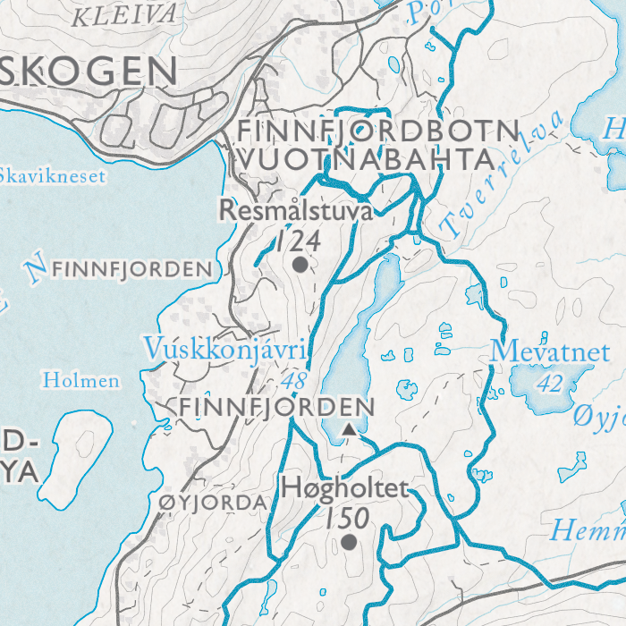 Skikart Midt-Troms - Finnfjordbotn, Skogen, Resmålstuva, Høgholtet, Mevatnet, Vuskkonjávri