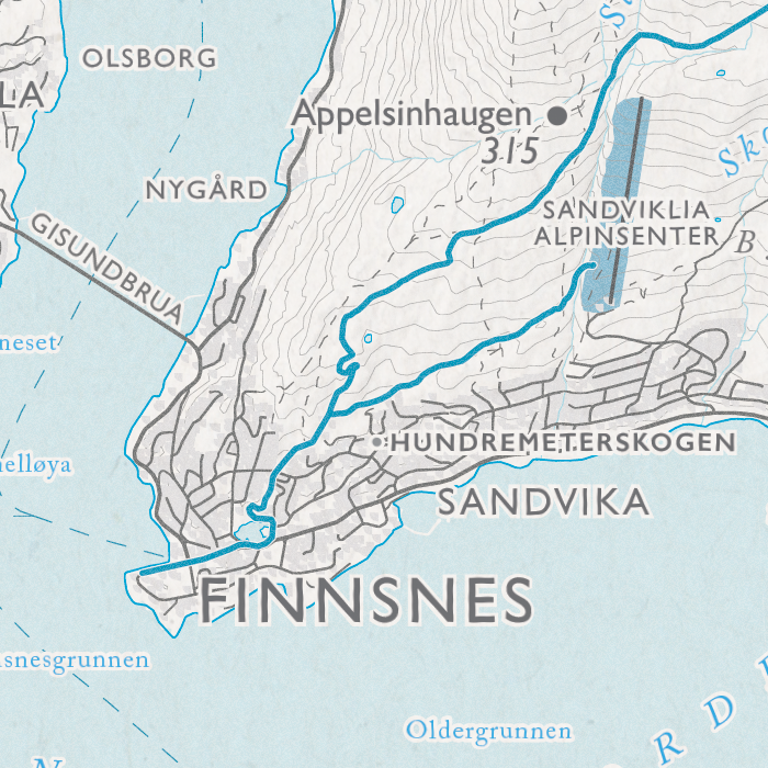 Skikart Midt-Troms - Finnsnes, Gisundbrua, Sandviklia alpinsenter, Sandvika, Appelsinhaugen, Hundremeterskogen