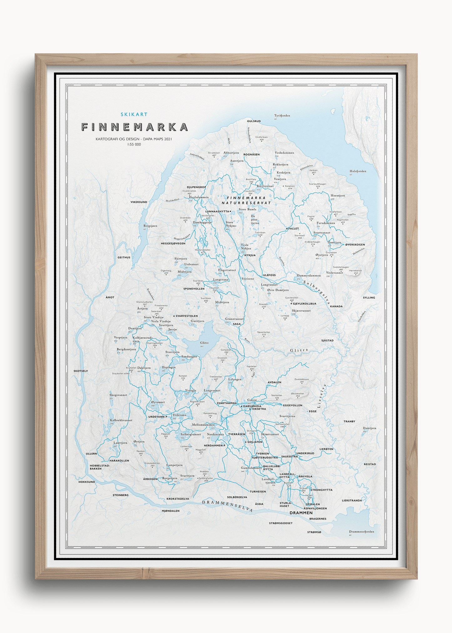 Skikart Finnemarka som viser Glitre, Eiksætra, Lier, Drammensjorden, Tverråsruden, 