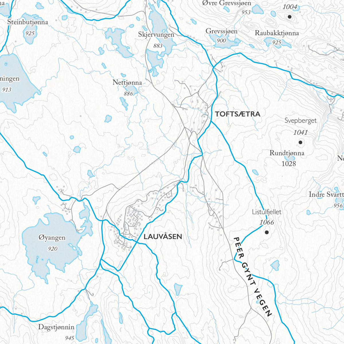 Skikart over Gålå som viser Lauåsen, Peer Gynt Vegen, og Toftesætra