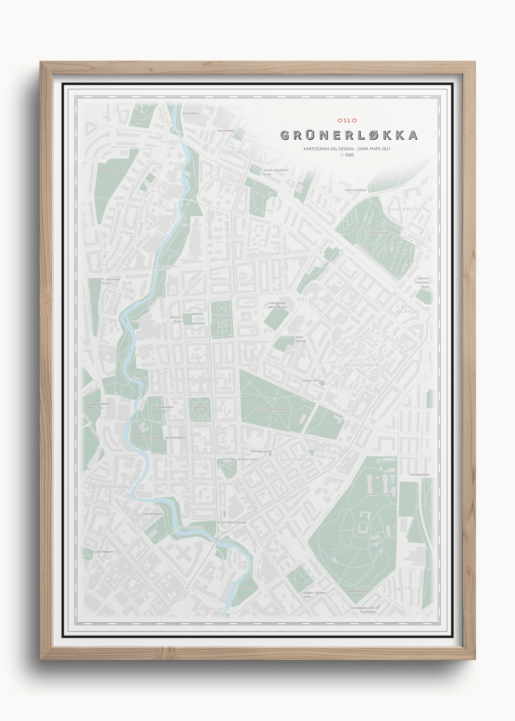 Bydelskart over Grünerløkka som viser Sofiensbergsparken, Rodeløkka, deler av Tøyen og Akerselva. 
