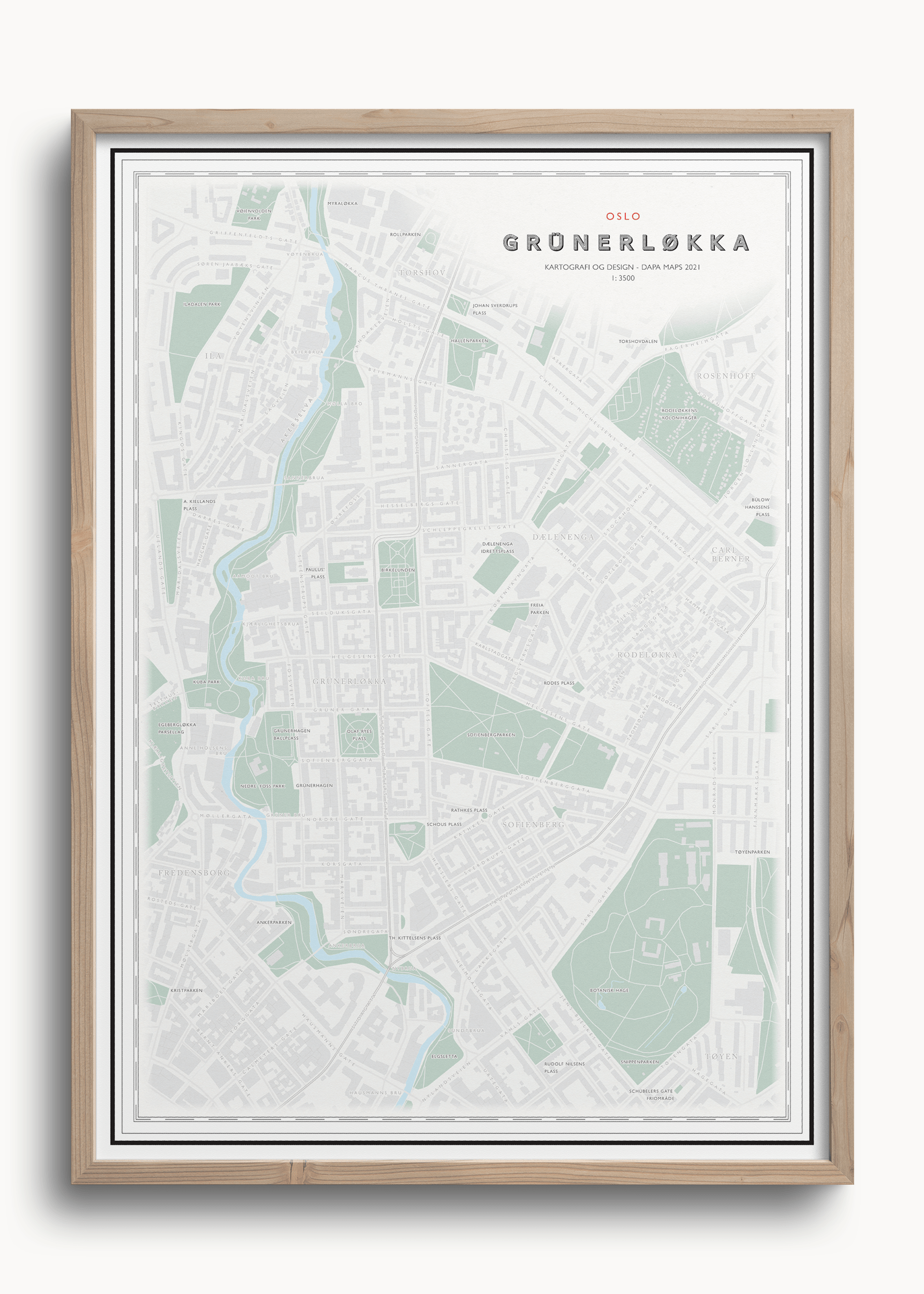 Bydelskart over Grünerløkka som viser Sofiensbergsparken, Rodeløkka, deler av Tøyen og Akerselva. 