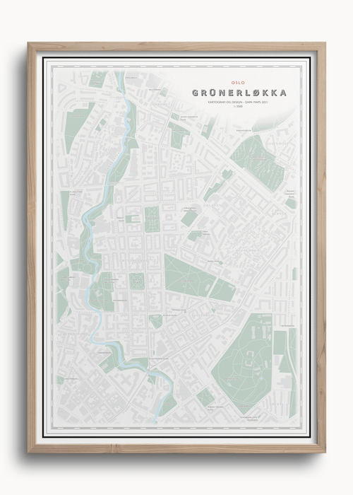 Bydelskart over Grünerløkka som viser Sofiensbergsparken, Rodeløkka, deler av Tøyen og Akerselva. 