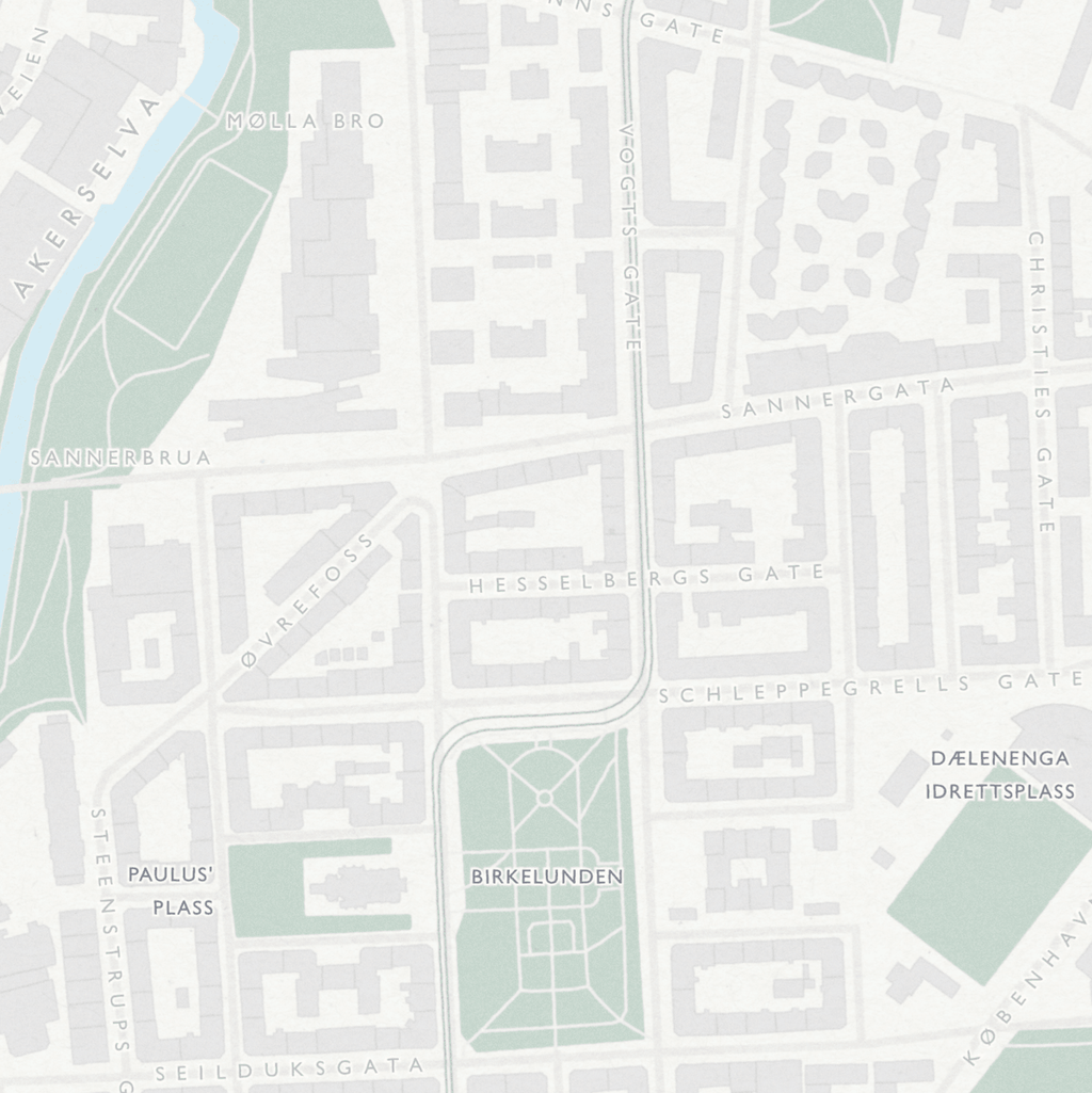 Bydelskart som viser Birkenlunden, Dælenga, Sannerbrua og Paulus Plass. 