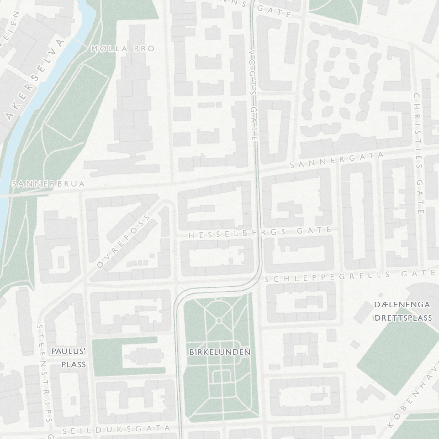 Bydelskart som viser Birkenlunden, Dælenga, Sannerbrua og Paulus Plass. 