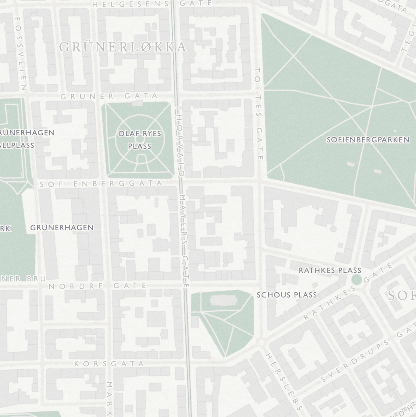 Bydelskart over Grünerløkka som viser Olaf Ryes plass, Schous plass, Rathkes Plass og Grünerhaven