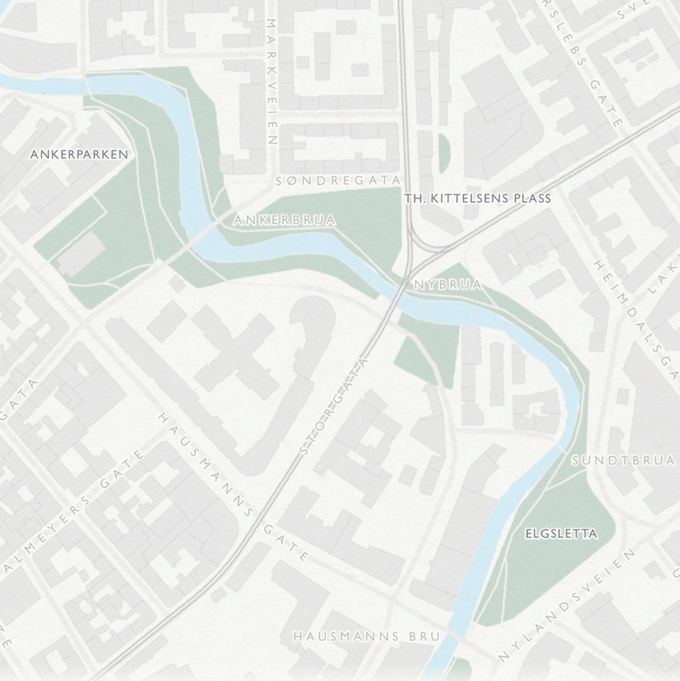 Bydelskart over Grünerløkka som viser Ankerparken, Elgsletta og Søndre gate 
