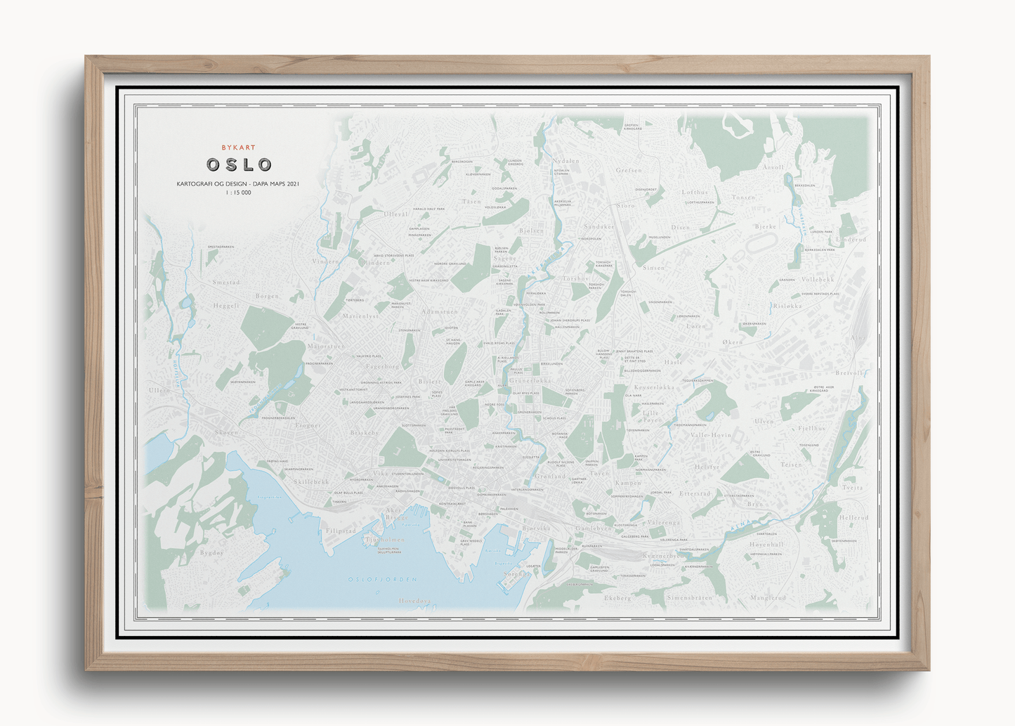 Kart over Oslo som viser Grefsen, Oslofjorden, Ekeberg, Bygdøy og Bjørvika.