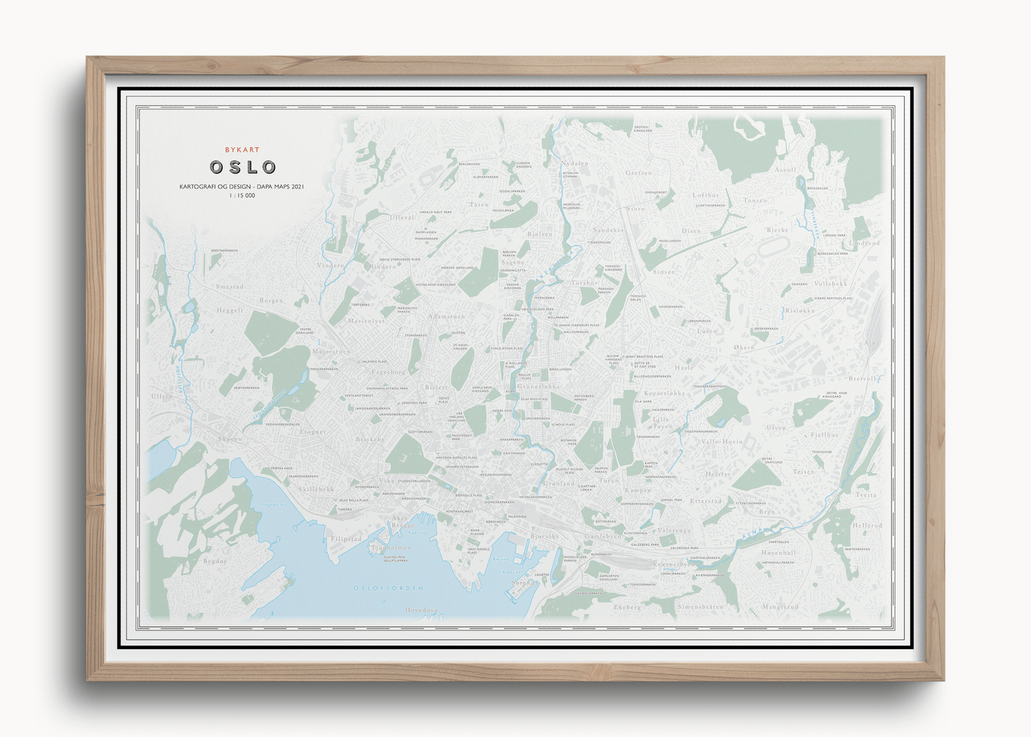 Kart over Oslo som viser Grefsen, Oslofjorden, Ekeberg, Bygdøy og Bjørvika.