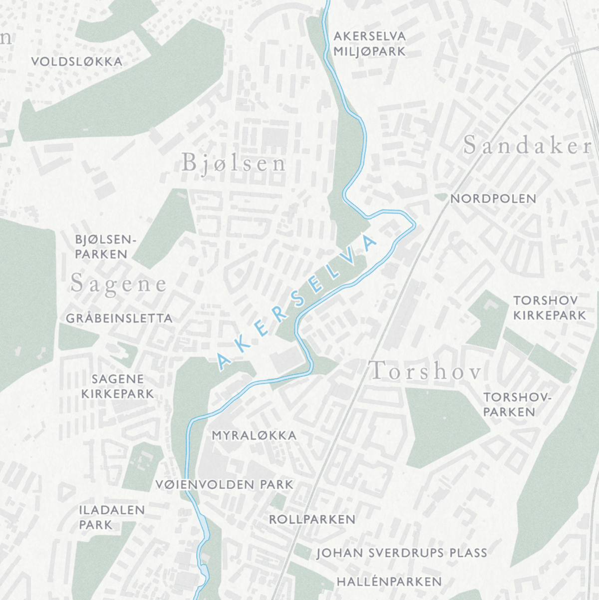 Retro kart over Oslo som viser Torshov, Myraløkka, Bjølsen og Torshovparken.