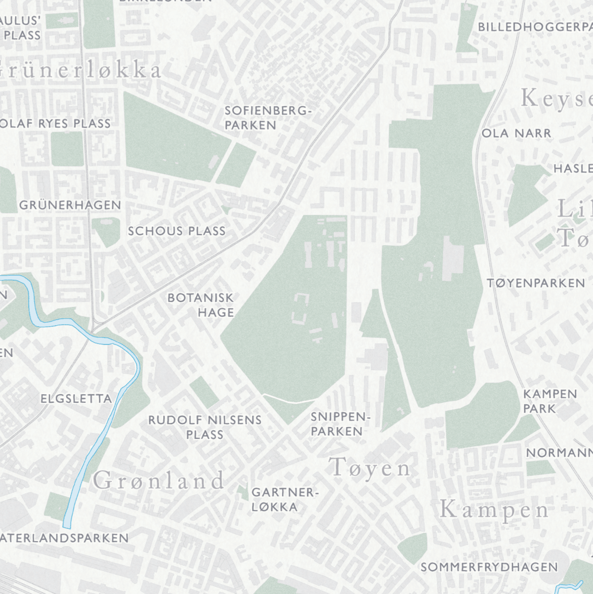 Retro kart over Oslo som viser Botanisk hage, Schous Plass, Tøyen, Kampen og Grønland.